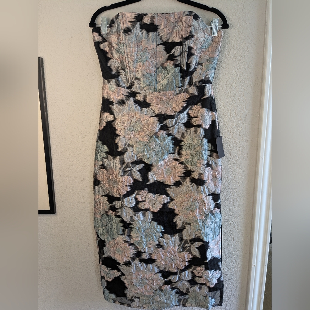 NWT Lulus Cocktail Dress M Strapless Midi Shift Boned Corset Organza Black